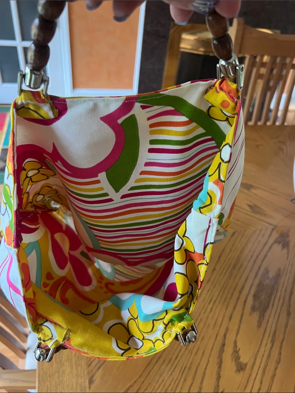 Colorful Floral Canvas Tote Bag with Beaded Handles - Picture 3 of 6